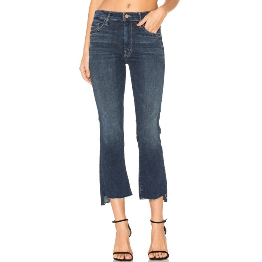 MOTHER Insider Crop Step Fray Jeans Here Kitty Kitty Dark Blue Women Size 26